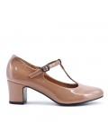 Beige patent pump with heel