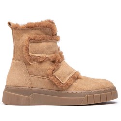 Faux suede ankle boot with velcro and fur