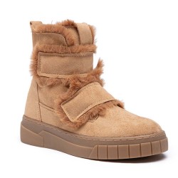 Faux suede ankle boot with velcro and fur