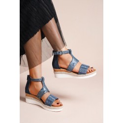 Mixed material wedge sandal for women