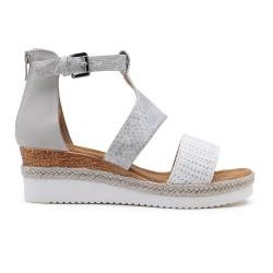 Mixed material wedge sandal for women