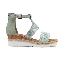 Mixed material wedge sandal for women