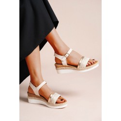 Mixed material wedge sandal for women