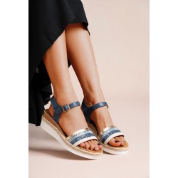 Mixed material wedge sandal for women