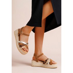 Mixed material wedge sandal for women