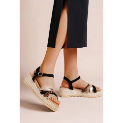 Mixed material wedge sandal for women