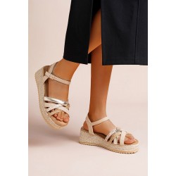 Mixed material wedge sandal for women