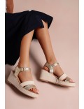 Mixed material wedge sandal for women