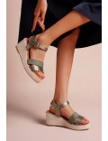 Mixed material wedge sandal for women