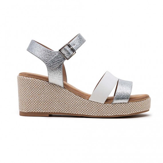 Mixed material wedge sandal for women