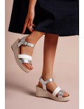 Mixed material wedge sandal for women