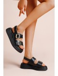 Mixed material wedge sandal for women