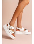 Mixed material wedge sandal for women