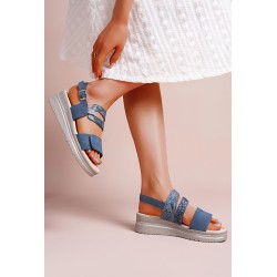 Mixed material wedge sandal for women