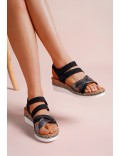 Mixed material wedge sandal for women