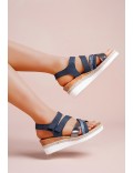 Mixed material wedge sandal for women