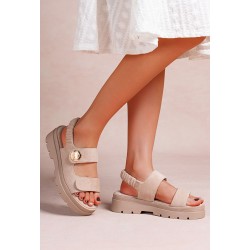 Mixed material wedge sandal for women