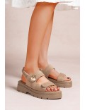 Mixed material wedge sandal for women